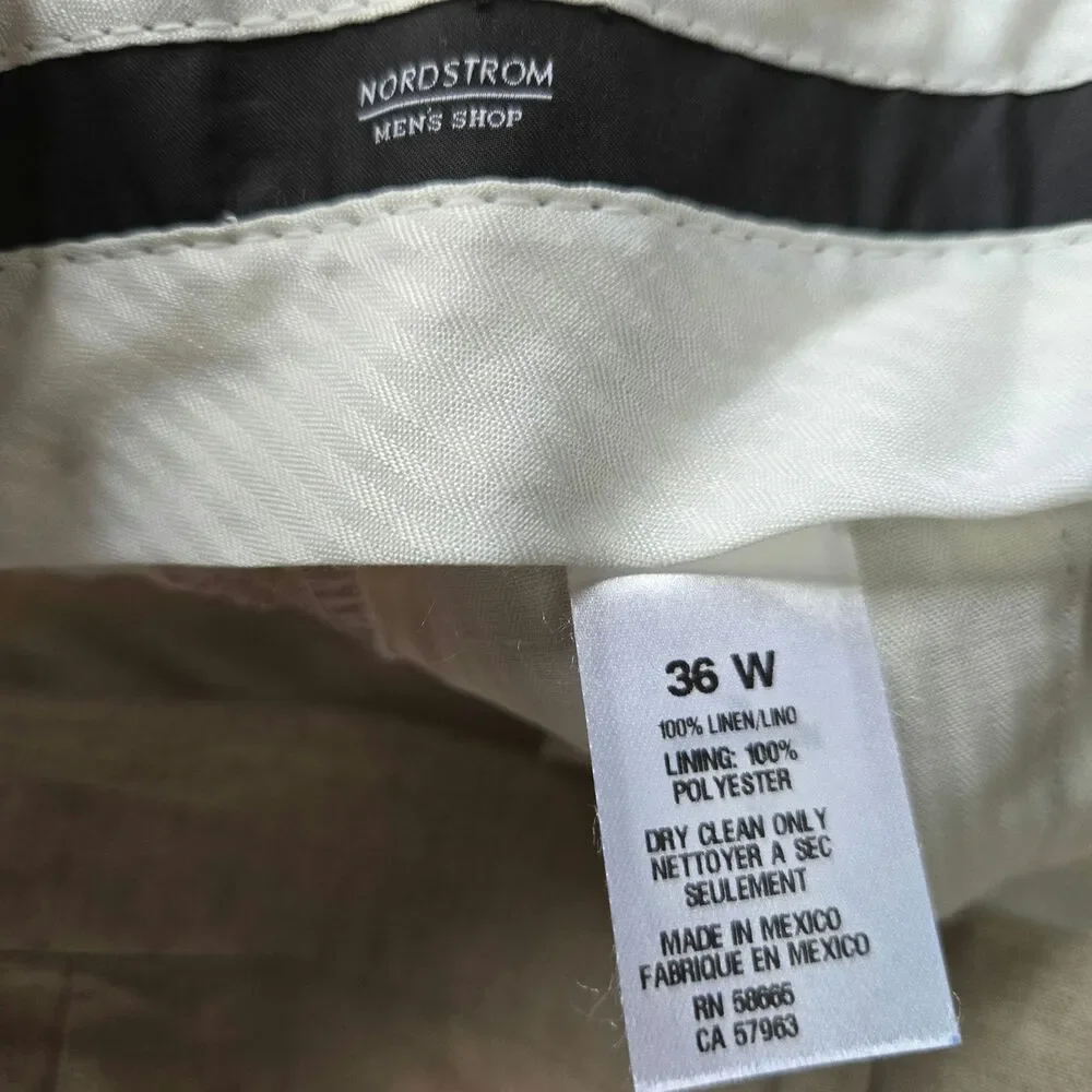 Nordstrom Men's Linen Pants 36W Flat Front Dress Trousers Beige Lightweight